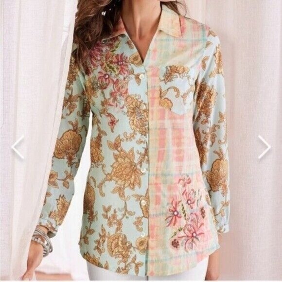 SOFT SURROUNDINGS Descansa Tunic Button Down Shirt Aquatic Multi Size L NEW - Picture 1 of 10